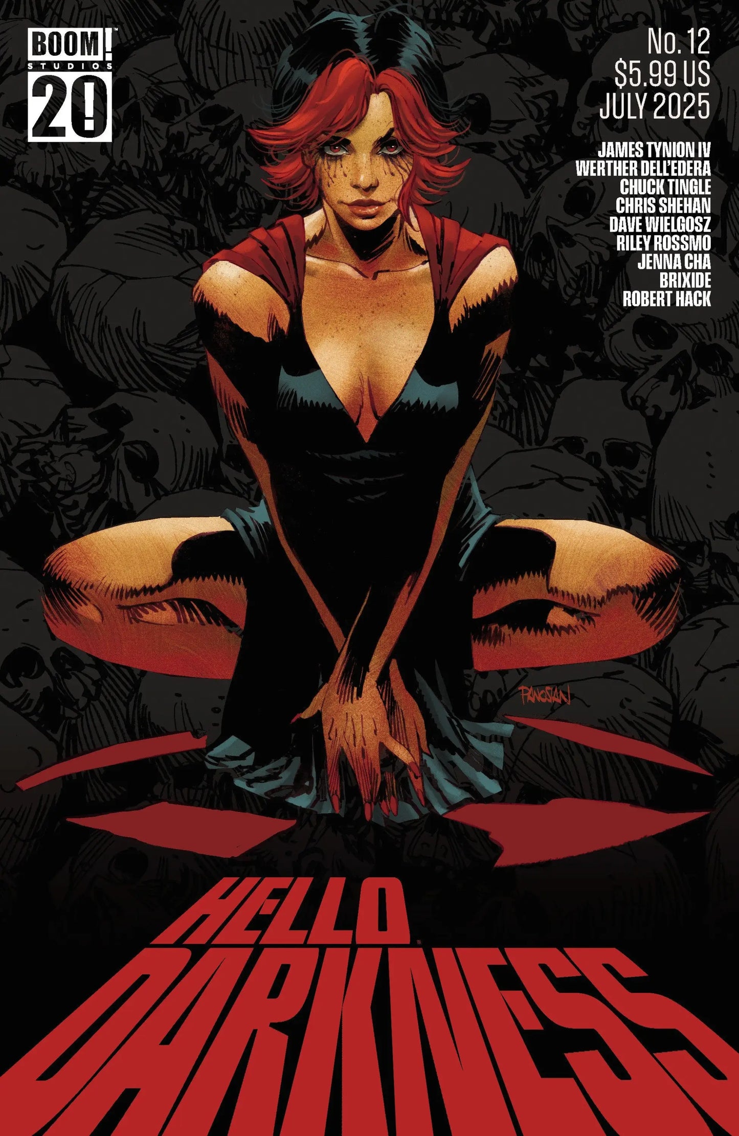 Comic book cover featuring a woman with red hair kneeling among skulls, boom 20th anniversary variant