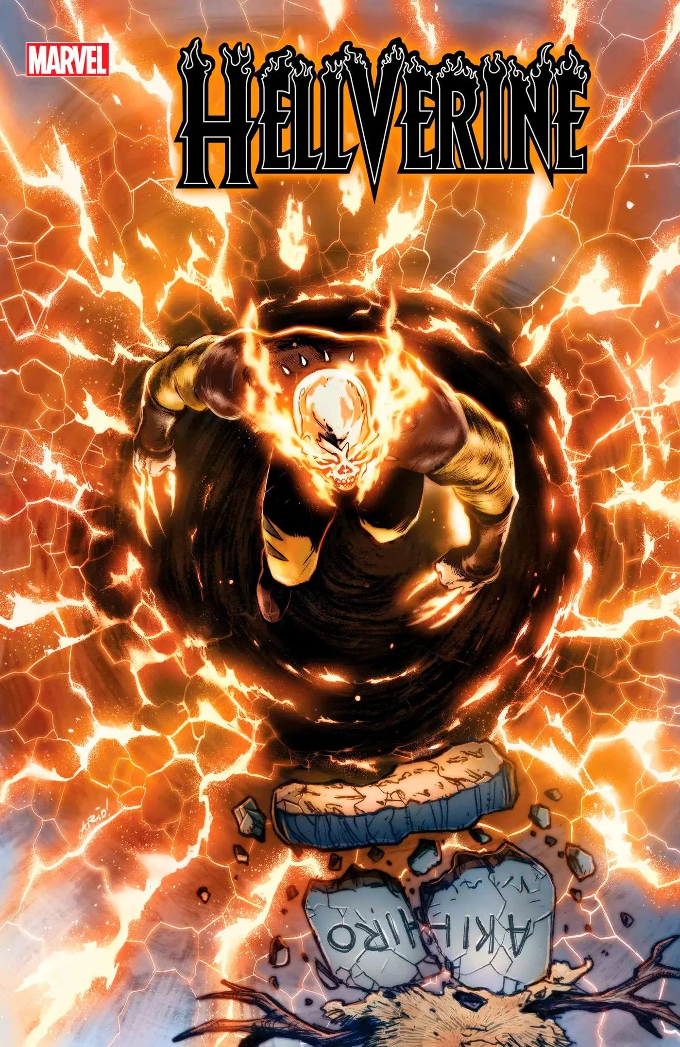 Glowing orange-and-black skull with energy effects in Hellverine #2 Ario Anindito Variant trading cards