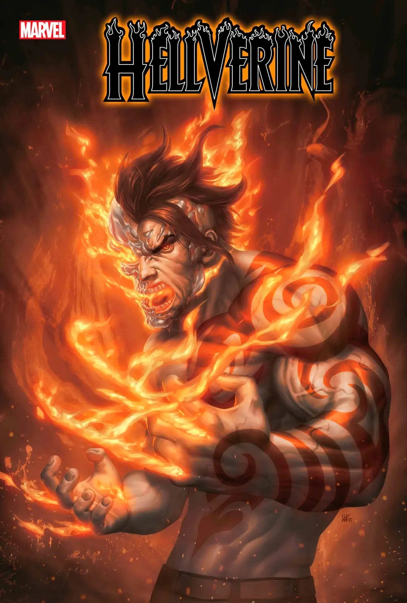 Fiery Hellverine #2 comic book cover with flames and tribal markings, ideal for trading cards