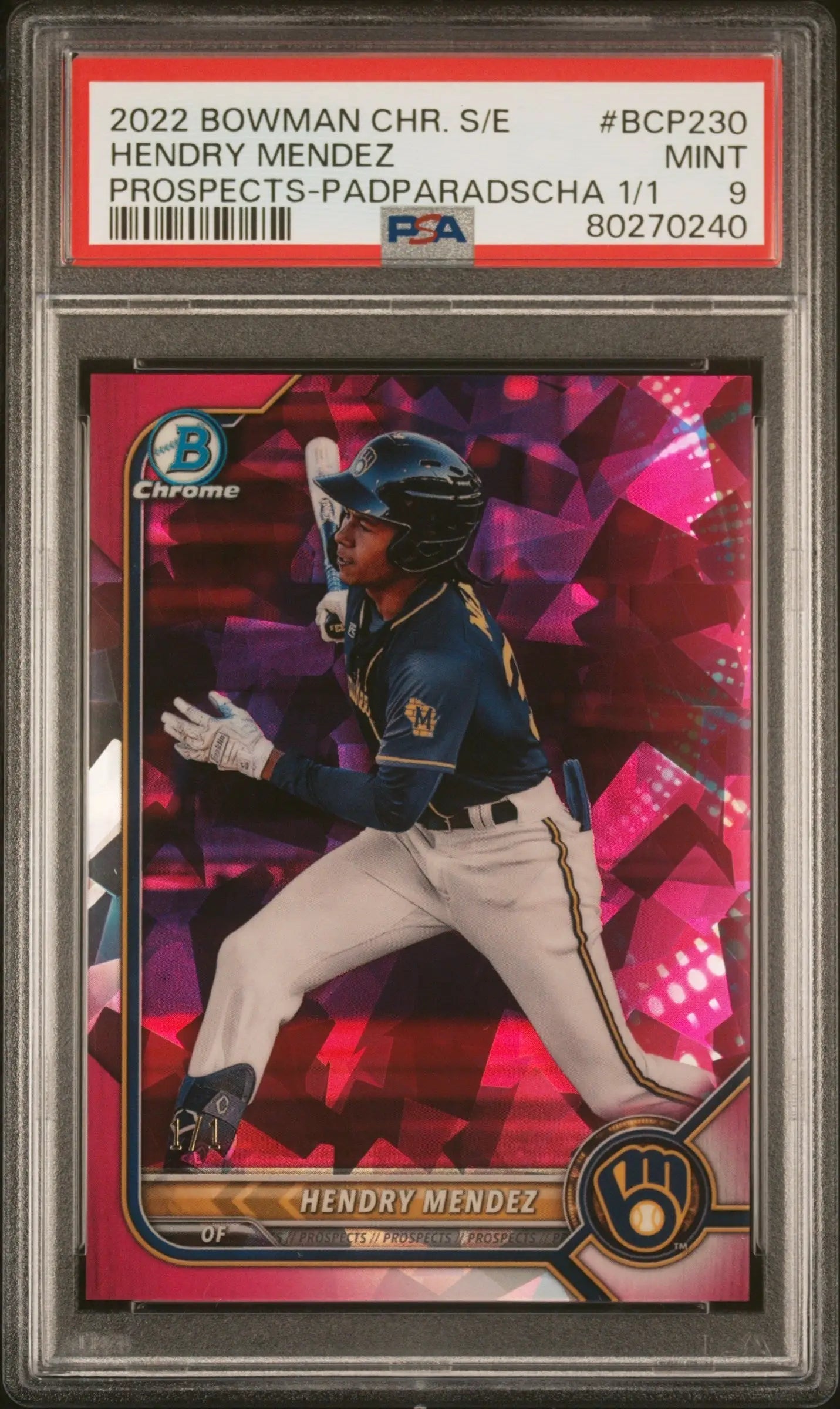 Hendry Mendez 2022 Bowman Chrome SApphire Padparadscha #1/1 PSA 9 Mint - Baseball Card Single