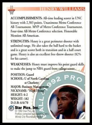 Henry Williams 1992 Star Pics Autographs #22 Charlotte 49ers - Basketball Card Single
