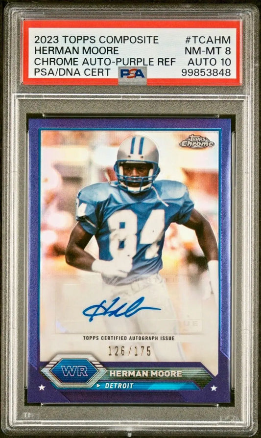 Herman Moore 2023 Topps Chrome NFL Purple Refractor 126/175 PSA 8 Auto 10 - Football Card Single