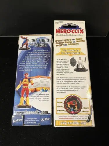 Two HeroClix game boxes from the Booster Pack Lot featuring DC Cosmic Justice and Marvel Fantastic Forces