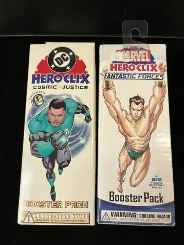 Two HeroClix booster packs from Marvel Fantastic Forces and DC Cosmic Justice lot