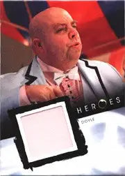 Bald man in white shirt adjusting collar while holding a tablet relaying relic costume card