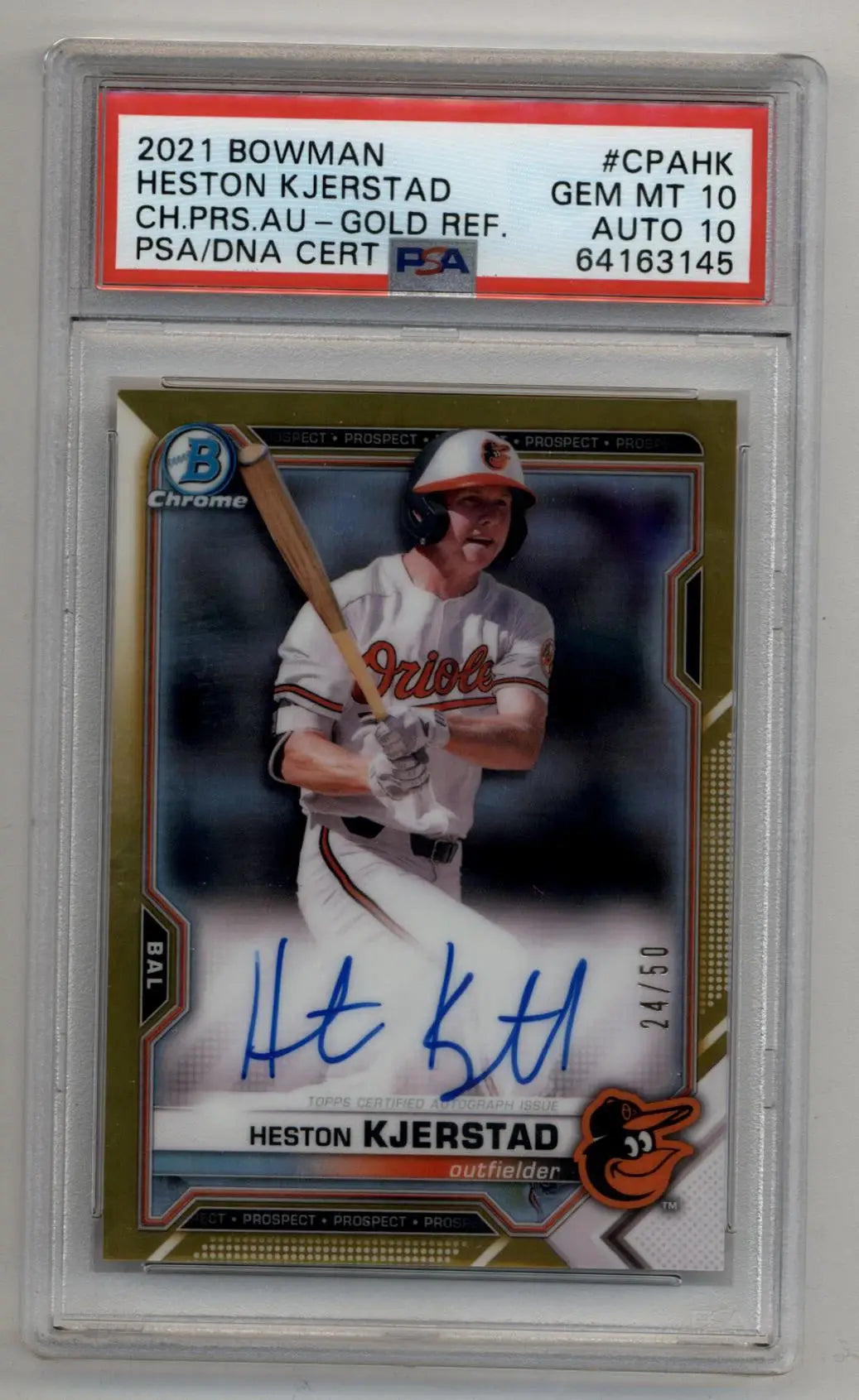 Heston Kjerstad 2021 Bowman Chrome Prospects Gold Refractor Auto24/50 PSA 10 Auto 10 - Baseball Card Single