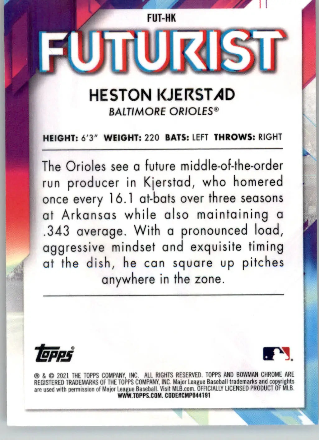 Heston Kjerstad - 2021 Bowman - #FUT-HK - Chrome Futurist Baseball - Baseball Card Single
