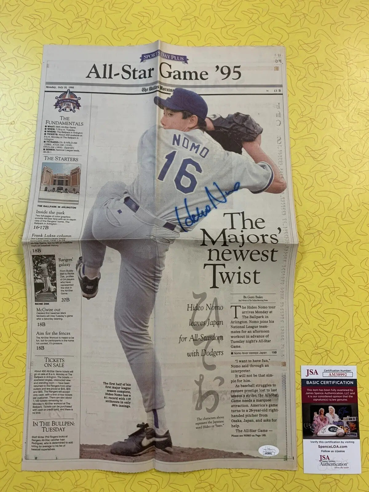 Hideo Nomo signed July 1995 Dallas Morning Newspaper All Star Game AUTO JSA