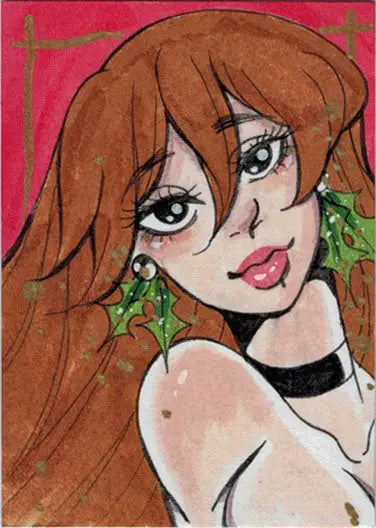 Stylized illustration of a woman with auburn hair on Kat Maus Holiday 2018 sketch card