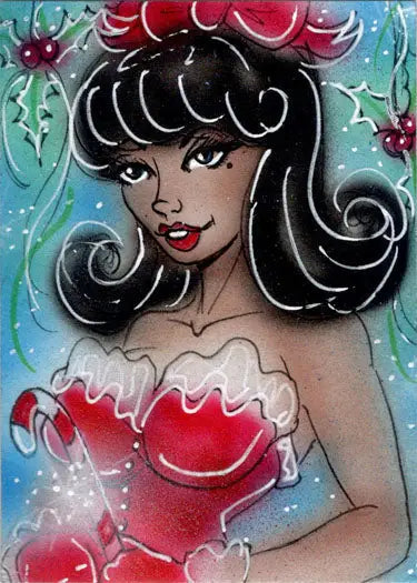 Stylized portrait of a woman by Bianca Thompson on a Holiday 2019 Sketch Card