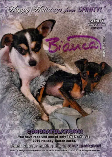 Holiday sketch card by Bianca Thompson featuring two adorable small dogs