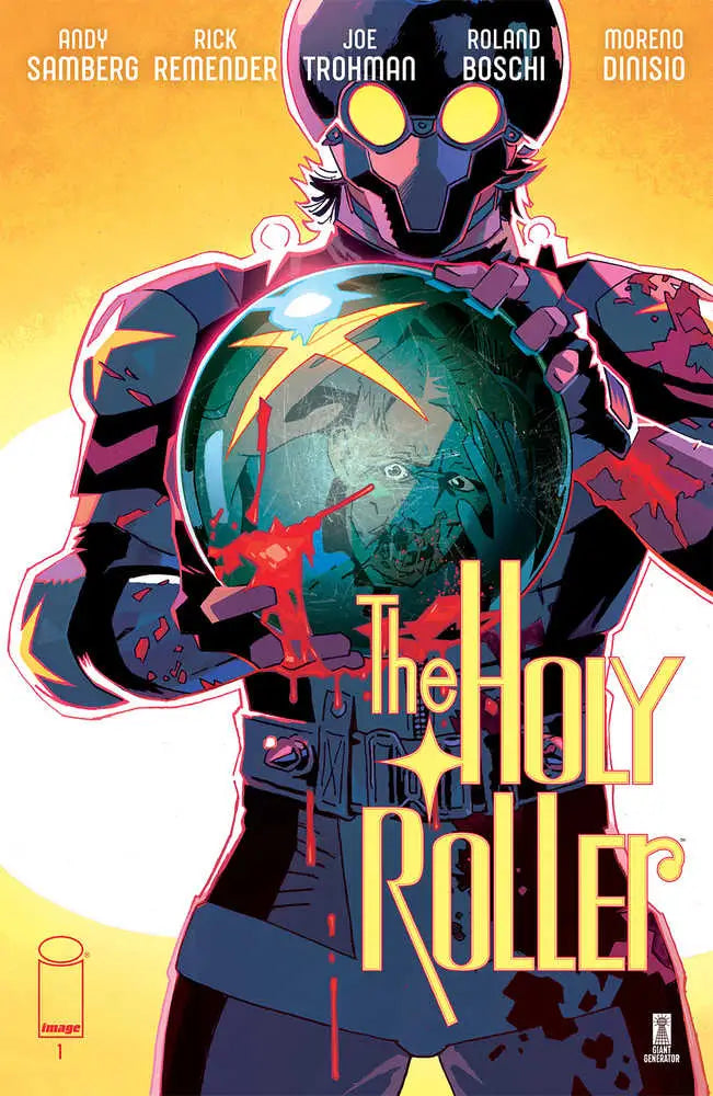 Holy Roller #1 Cover A by Roland Boschi features a menacing robotic figure with a glowing sphere