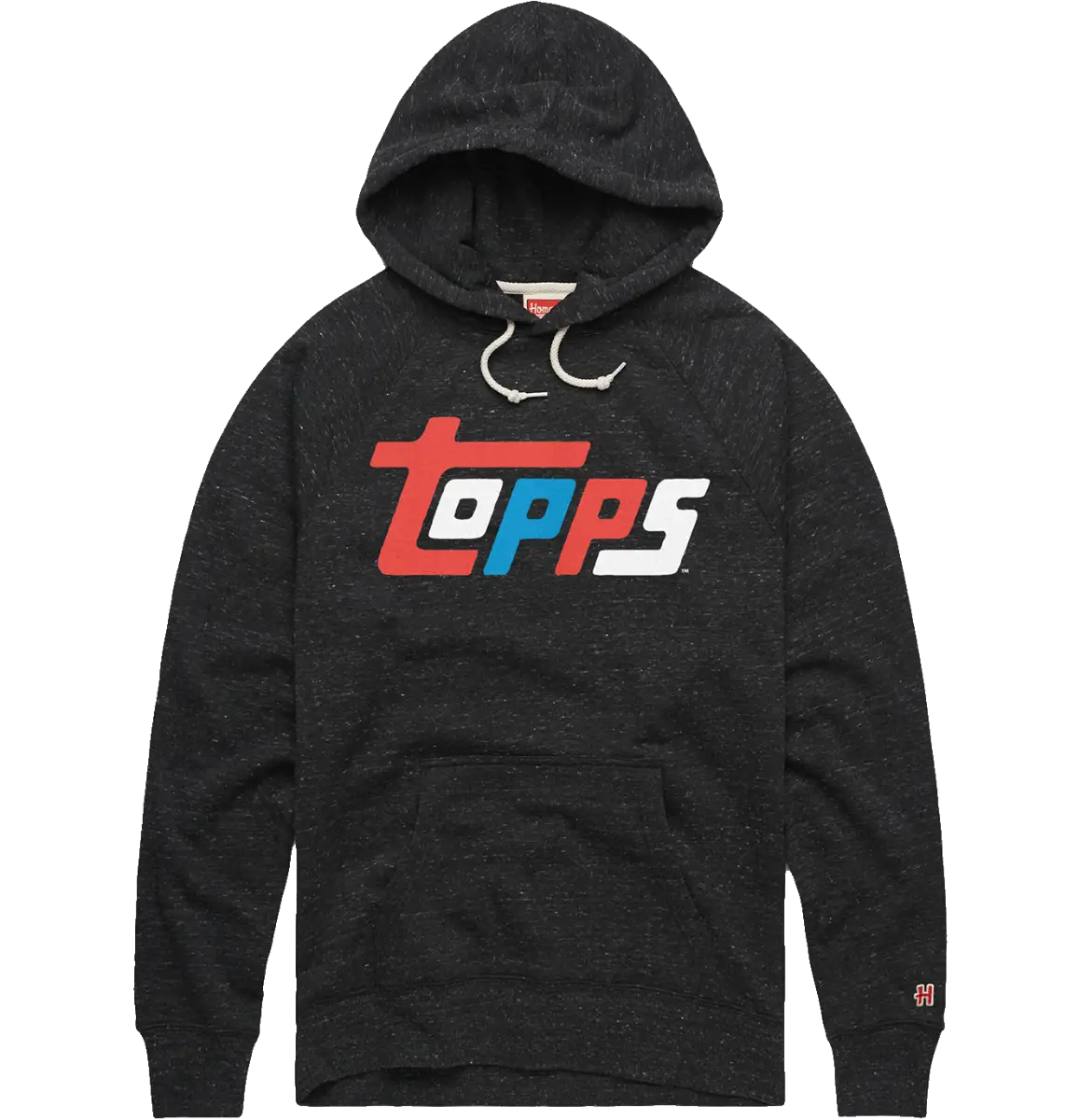 Black hooded sweatshirt featuring a red, white, and blue Topps logo for trading cards fans