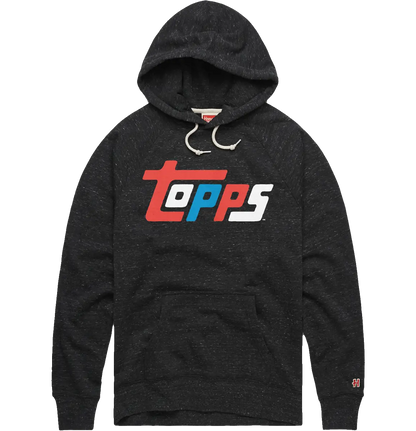 Black hooded sweatshirt featuring a red, white, and blue Topps logo for trading cards fans