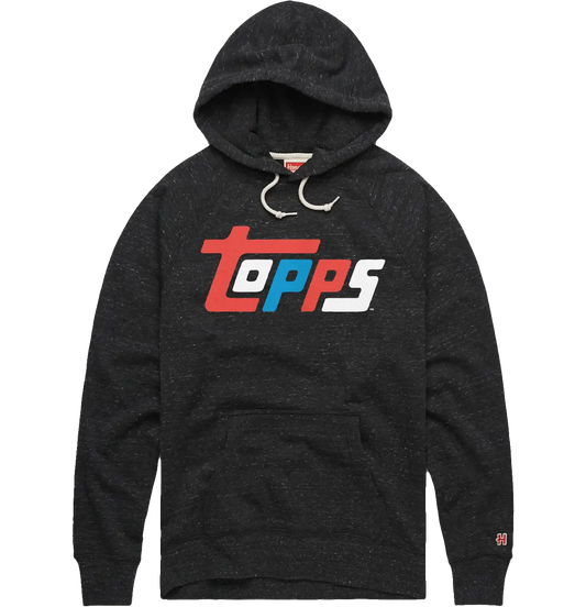 Black hooded sweatshirt featuring a red, white, and blue Topps logo for trading cards fans
