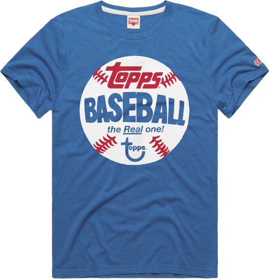 Blue tee t-shirt featuring Topps Homage Baseball design in vibrant blue color