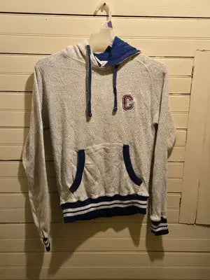 Hoodie Mens M Gray Blue Pullover Terry Fleece Kangaroo C Patch Drawstring Stripe - Apparel