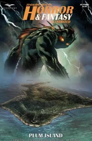 Dark dragon creature with glowing eyes over Plum Island in Horror & Fantasy trading cards