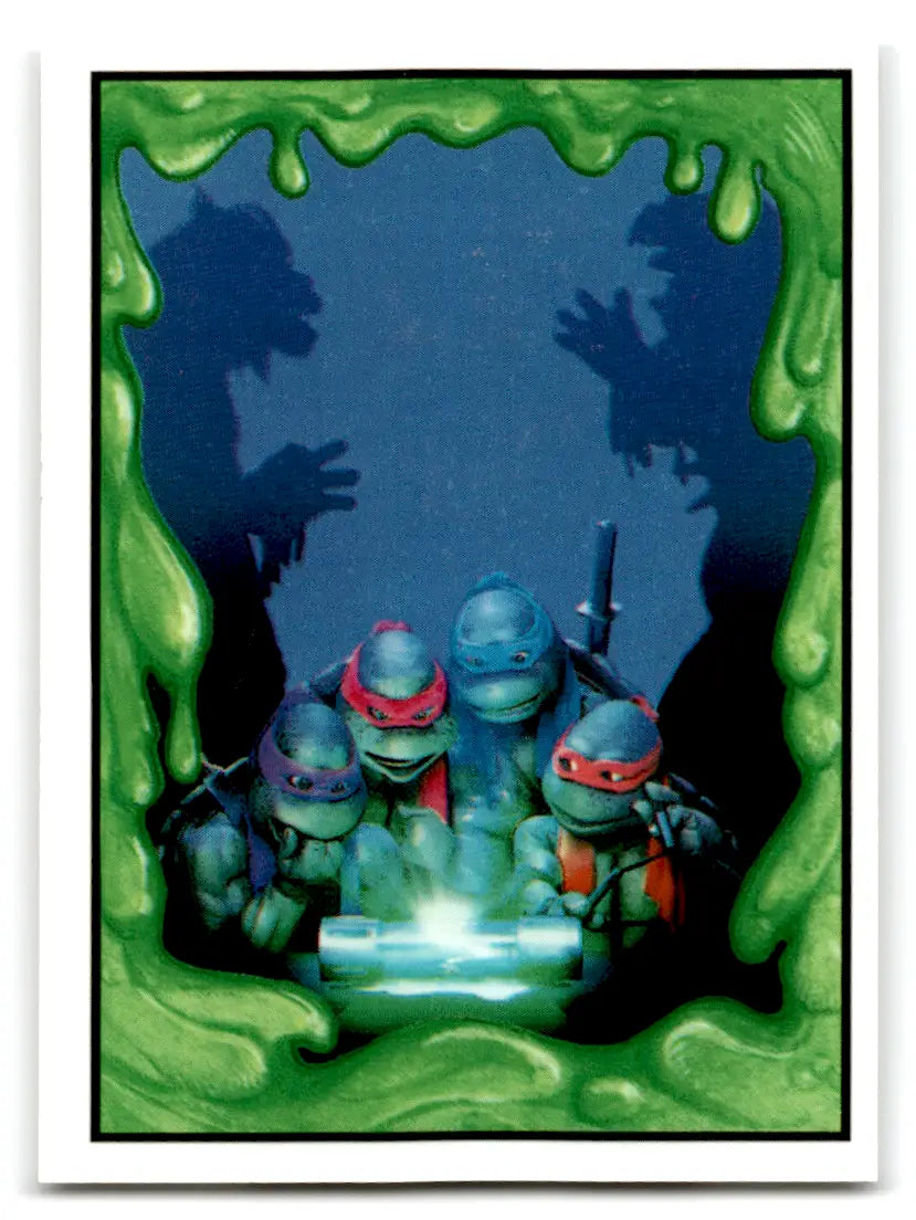 Teenage Mutant Ninja Turtles around a glowing object from Hostess Turtles card lot