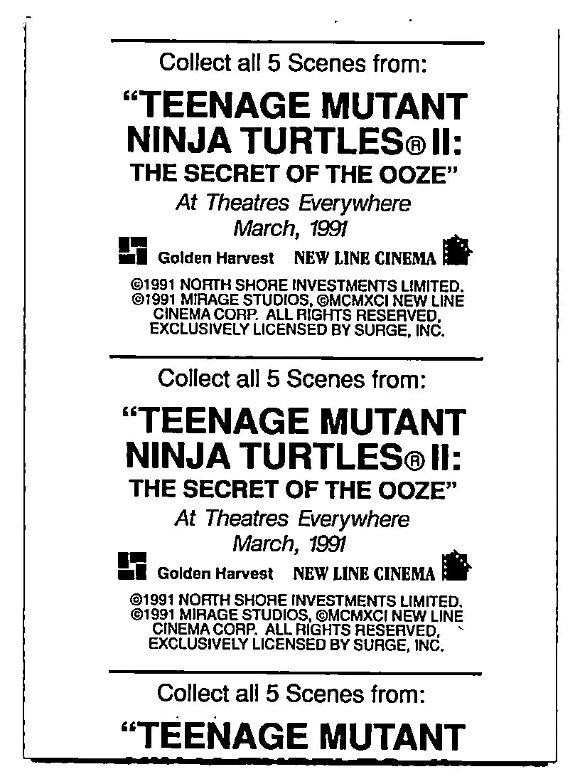 Teenage Mutant Ninja Turtles II The Secret Of The Ooze ad in Hostess card lot