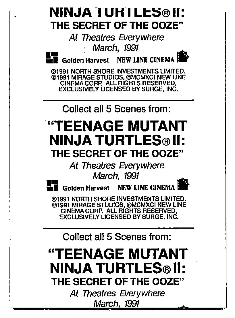 Movie advertisement for Teenage Mutant Ninja Turtles II The Secret Of The Ooze card lot
