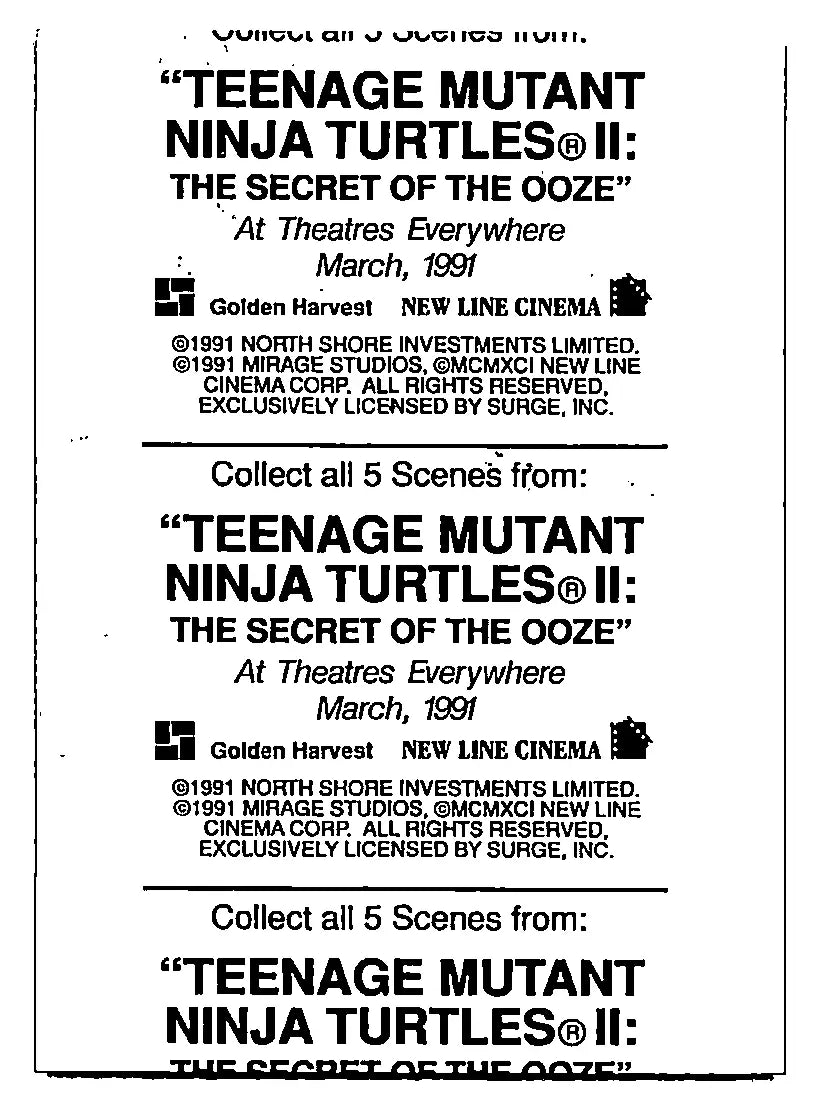 Hostess Teenage Mutant Ninja Turtles II The Secret Of The Ooze card lot featuring mutant ninja turtles advertisement