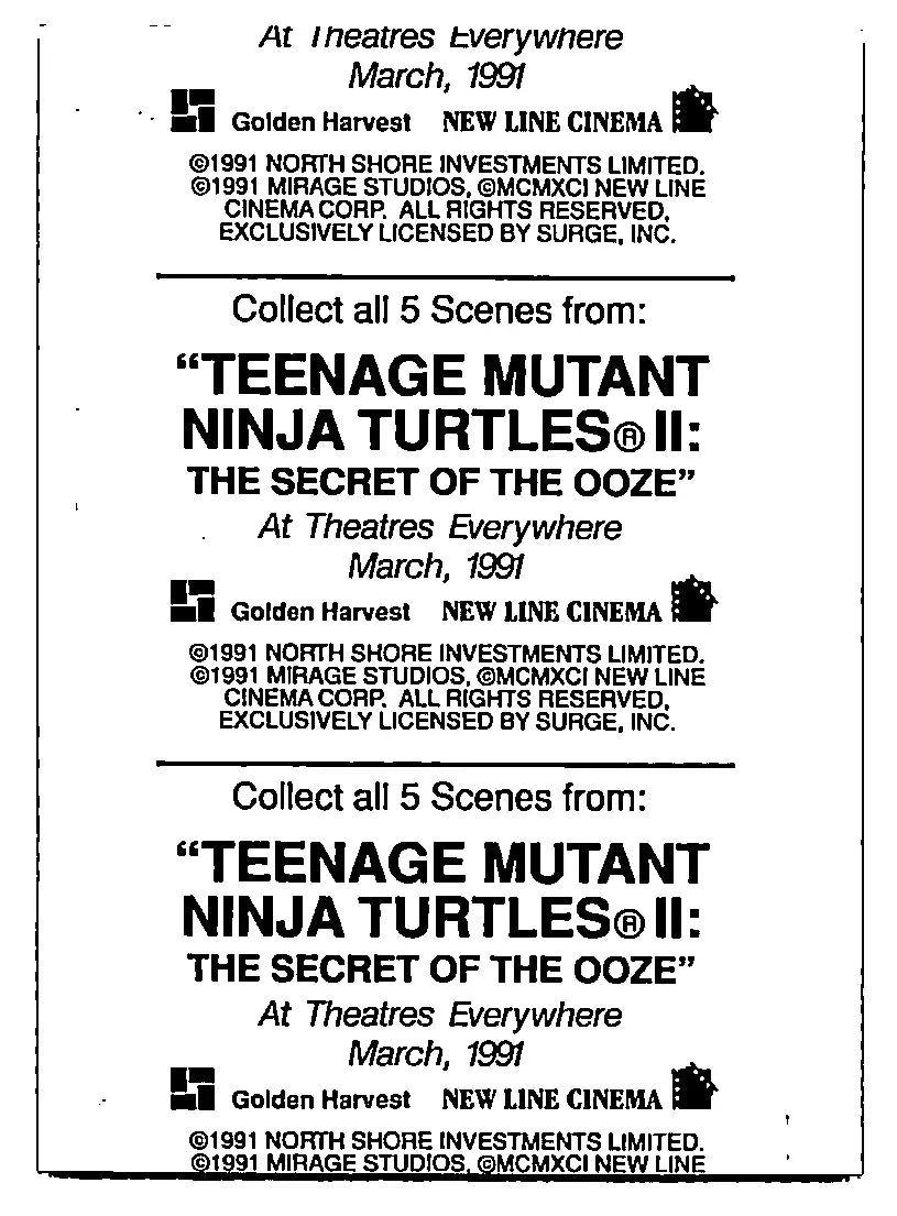 Advertisement image for Hostess Teenage Mutant Ninja Turtles II The Secret Of The Ooze 5 card lot featuring Teenage Mutant Ninja Turtles collectibles