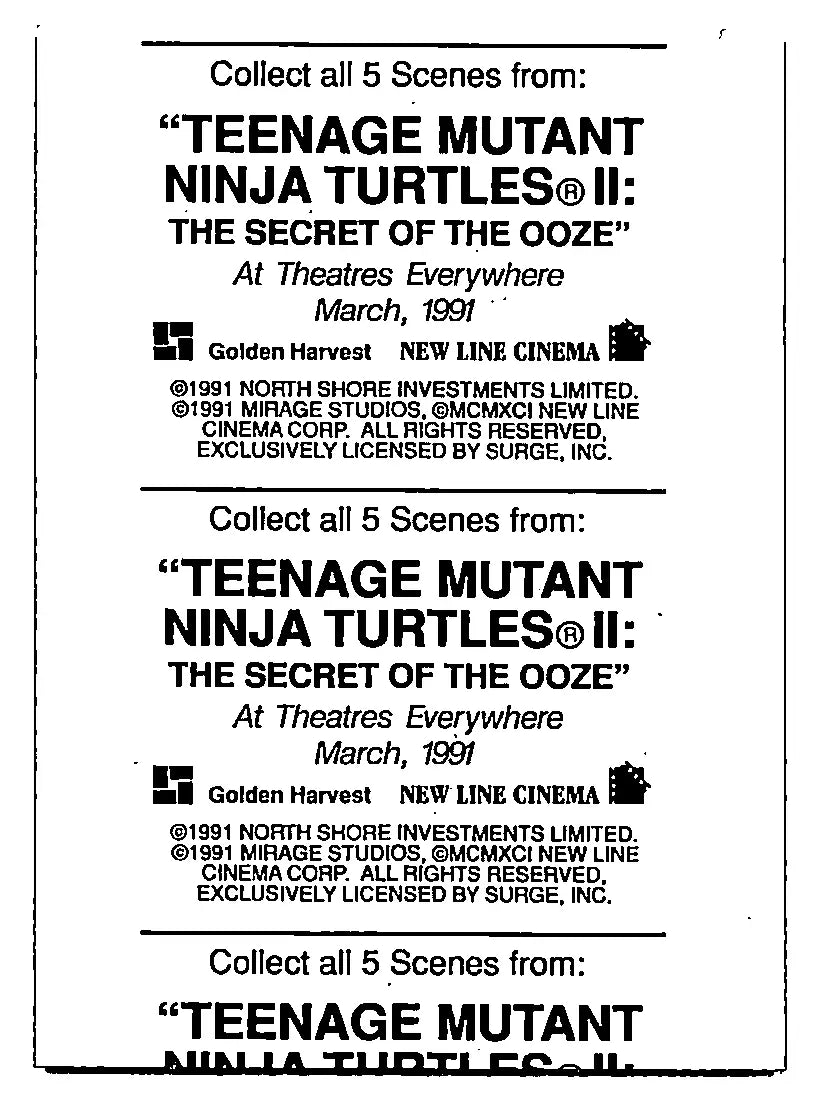 Hostess Teenage Mutant Ninja Turtles II The Secret Of The Ooze card lot featuring mutant ninja turtles advertisement
