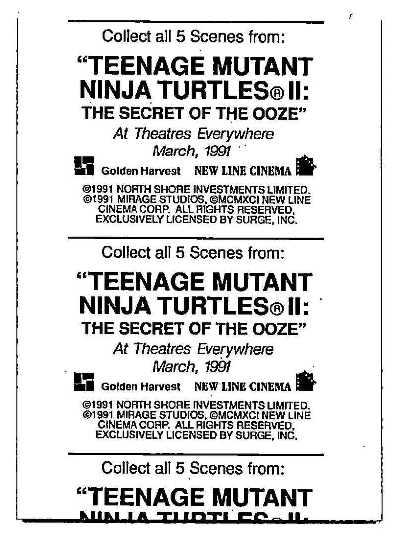 Hostess Teenage Mutant Ninja Turtles II The Secret Of The Ooze card lot featuring mutant ninja turtles advertisement