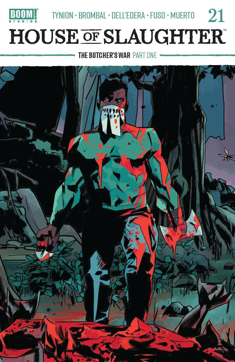 Muscular figure in turquoise and red armor amidst shadows from House Of Slaughter #21 trading cards