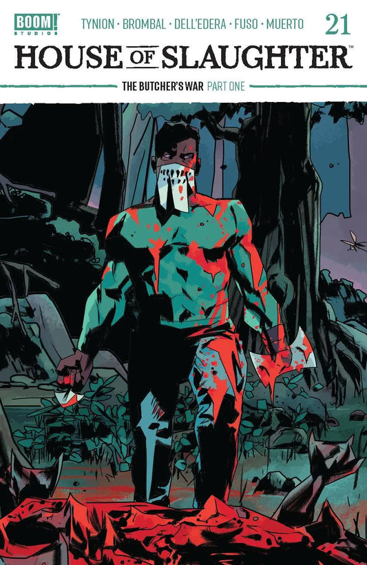 Muscular figure in turquoise and red armor amidst shadows from House Of Slaughter #21 trading cards