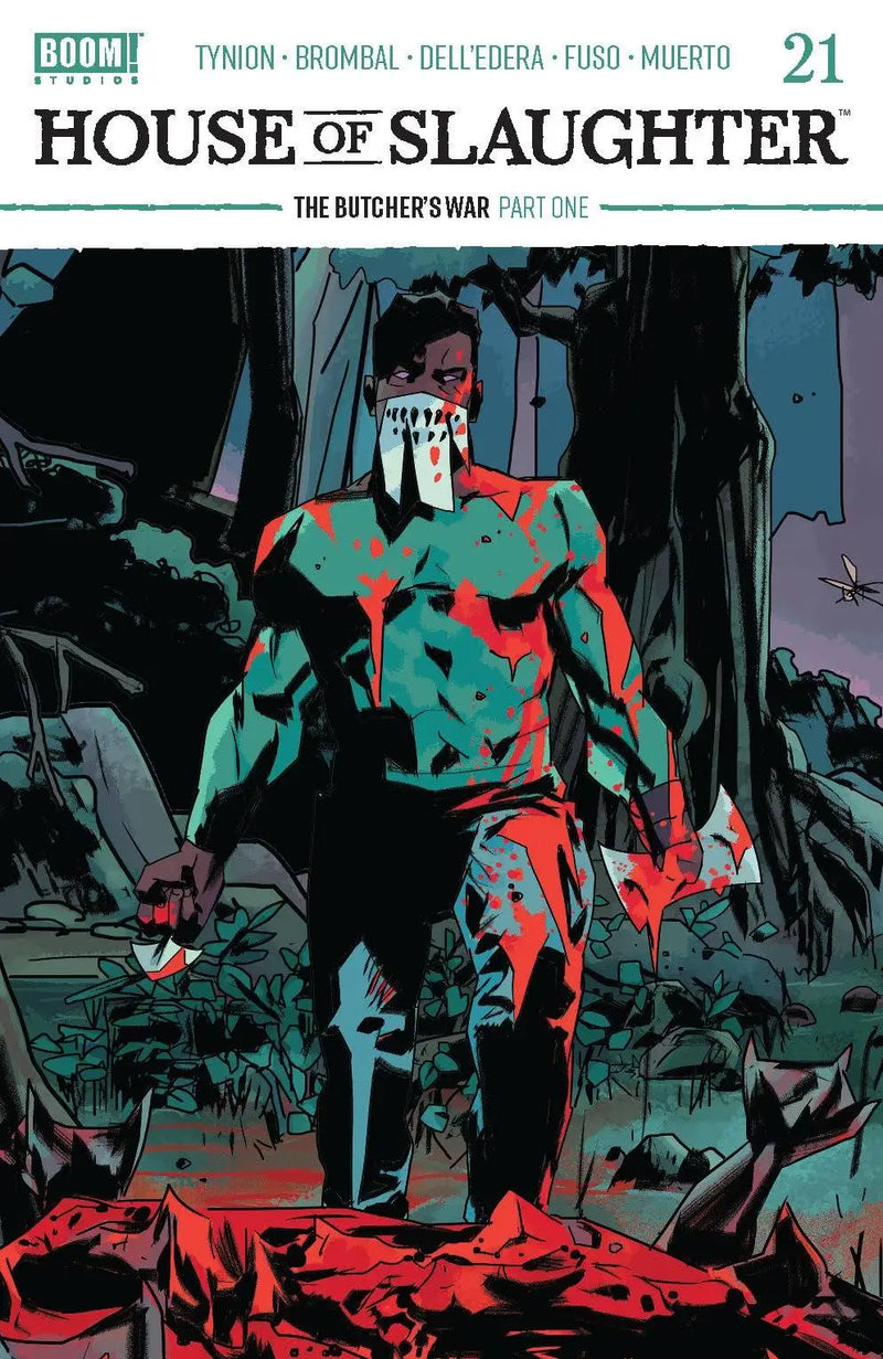 Muscular figure in turquoise and red armor amidst shadows from House Of Slaughter #21 trading cards