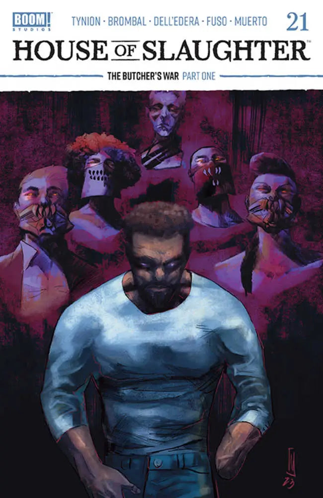 Comic book cover for House of Slaughter #21 featuring a person in blue with ominous figures