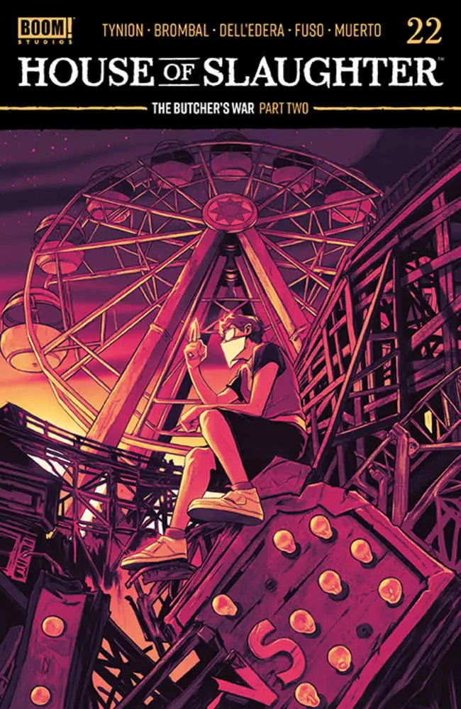 Comic book cover for House of Slaughter #22 with character on a giant die beneath Ferris wheel