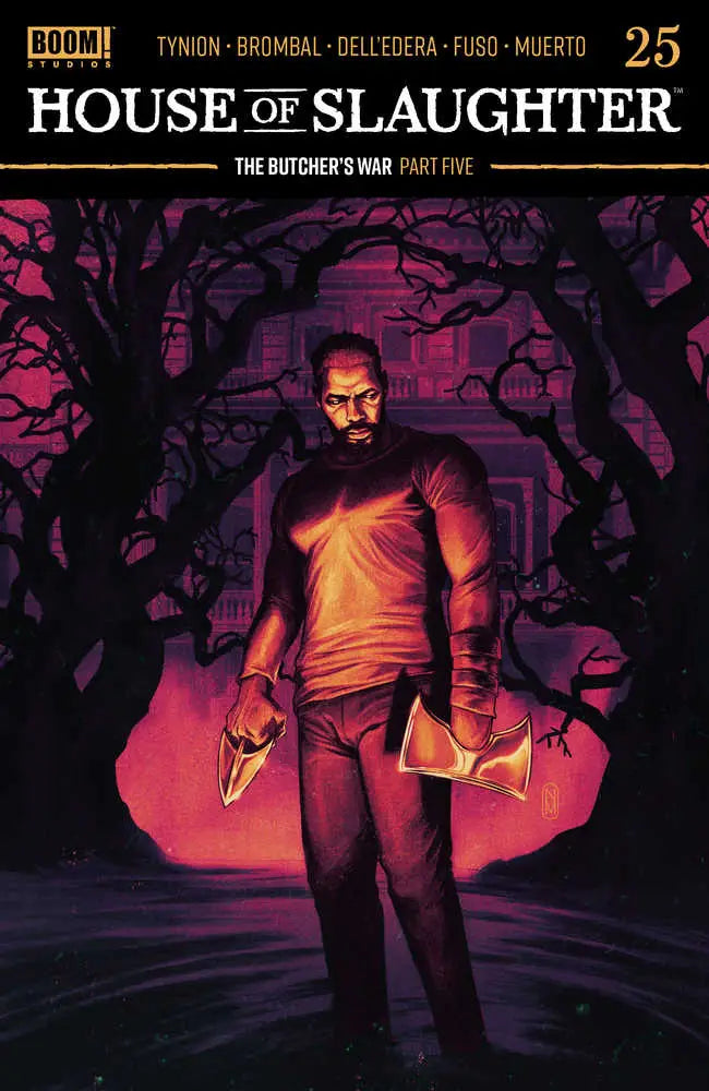 Comic book cover of House Of Slaughter #25 features a figure holding weapons in orange shirt