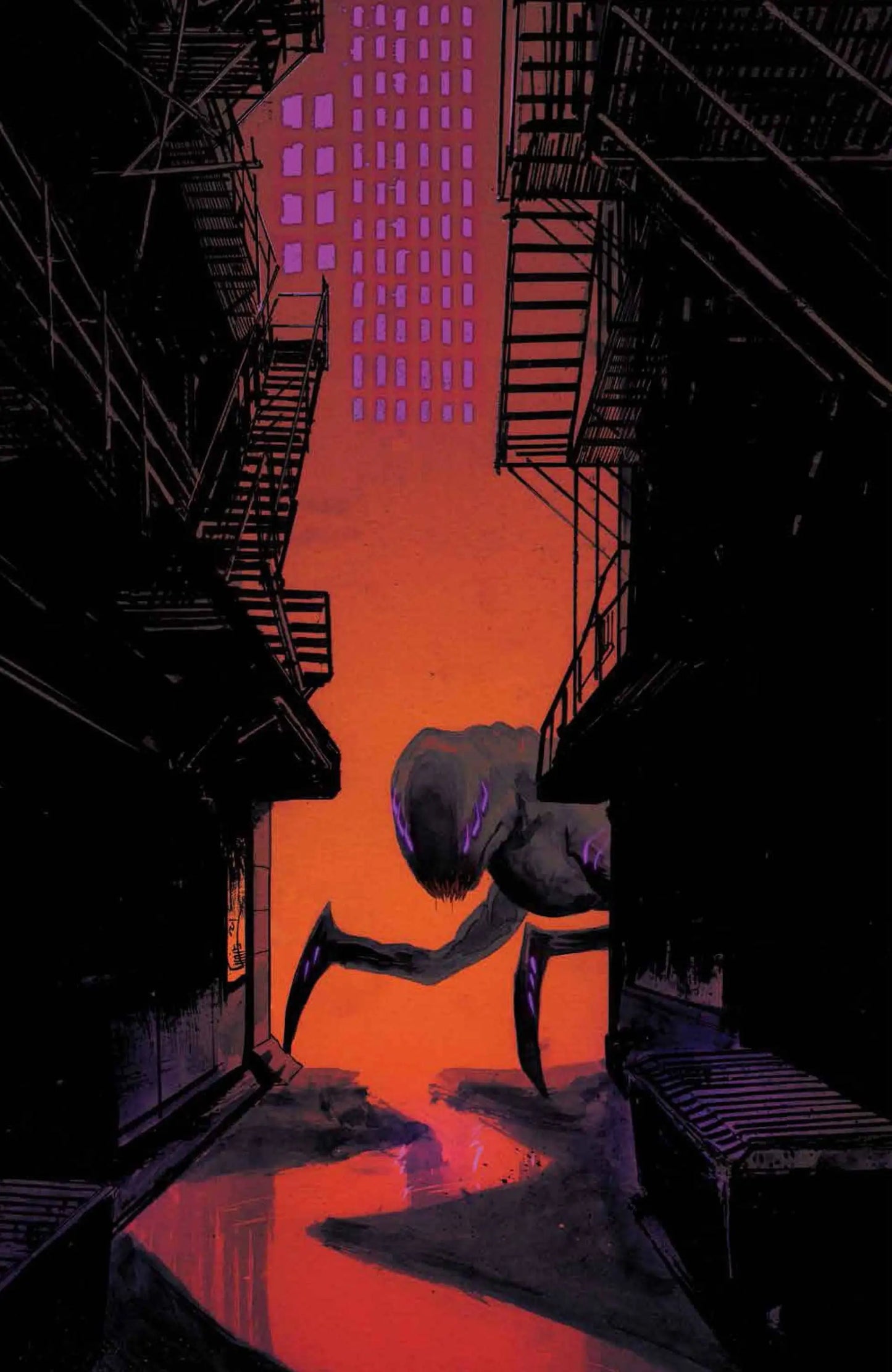 Alien creature with elongated head peering between urban buildings at sunset on House Of Slaughter #3 Cover G Unlockable Variant Shehan for trading cards