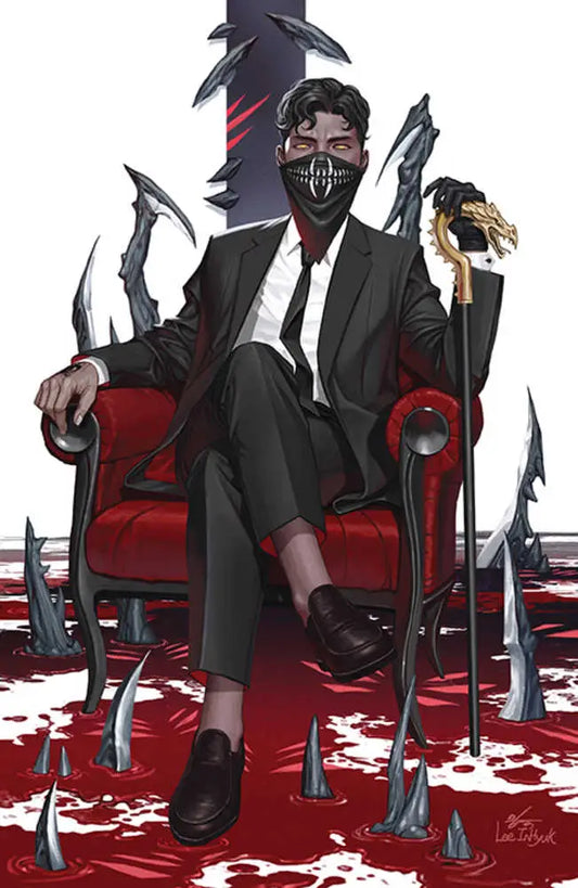 Man in black suit and mask seated on red throne from House Of Slaughter #30 Cardstock Variant Lee