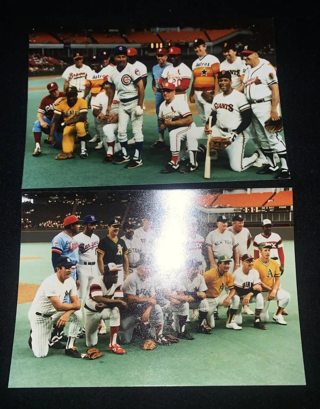Two baseball team photos from Houston 1986 Old Timers Game featuring league stars