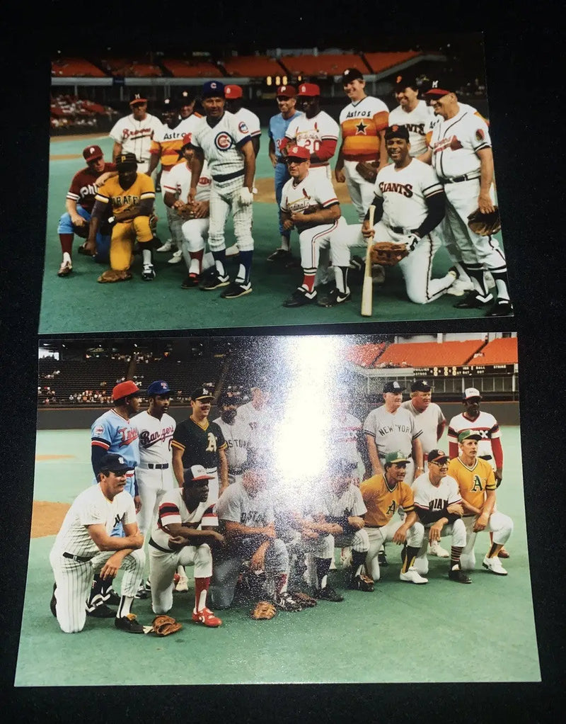 Two baseball team photos from Houston 1986 Old Timers Game featuring league stars