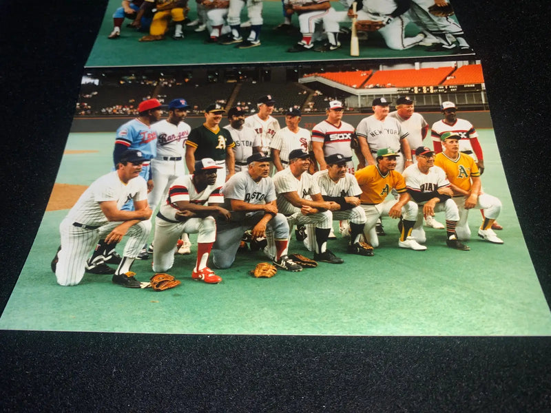 Baseball players in vintage uniforms at the Houston 1986 Old Timers Game league stars event