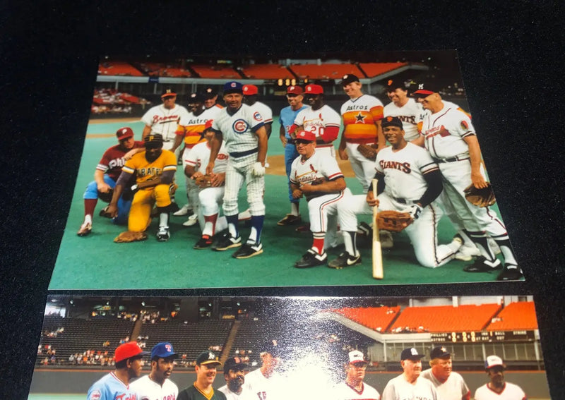 Baseball player reunion photos from the Houston 1986 Old Timers Game featuring league stars