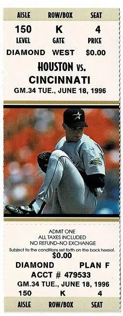 HOUSTON ASTROS VS Cincinnati REDS FULL TICKET UNUSED ASTRODOME June 18 1996 - Sports Memorabilia