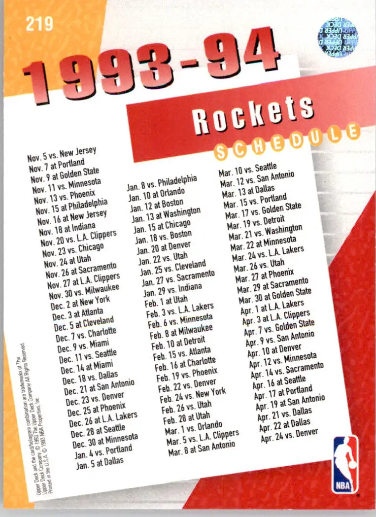 Houston Rockets - 1993-94 Upper Deck - #219 - Basketball - Basketball Card Single