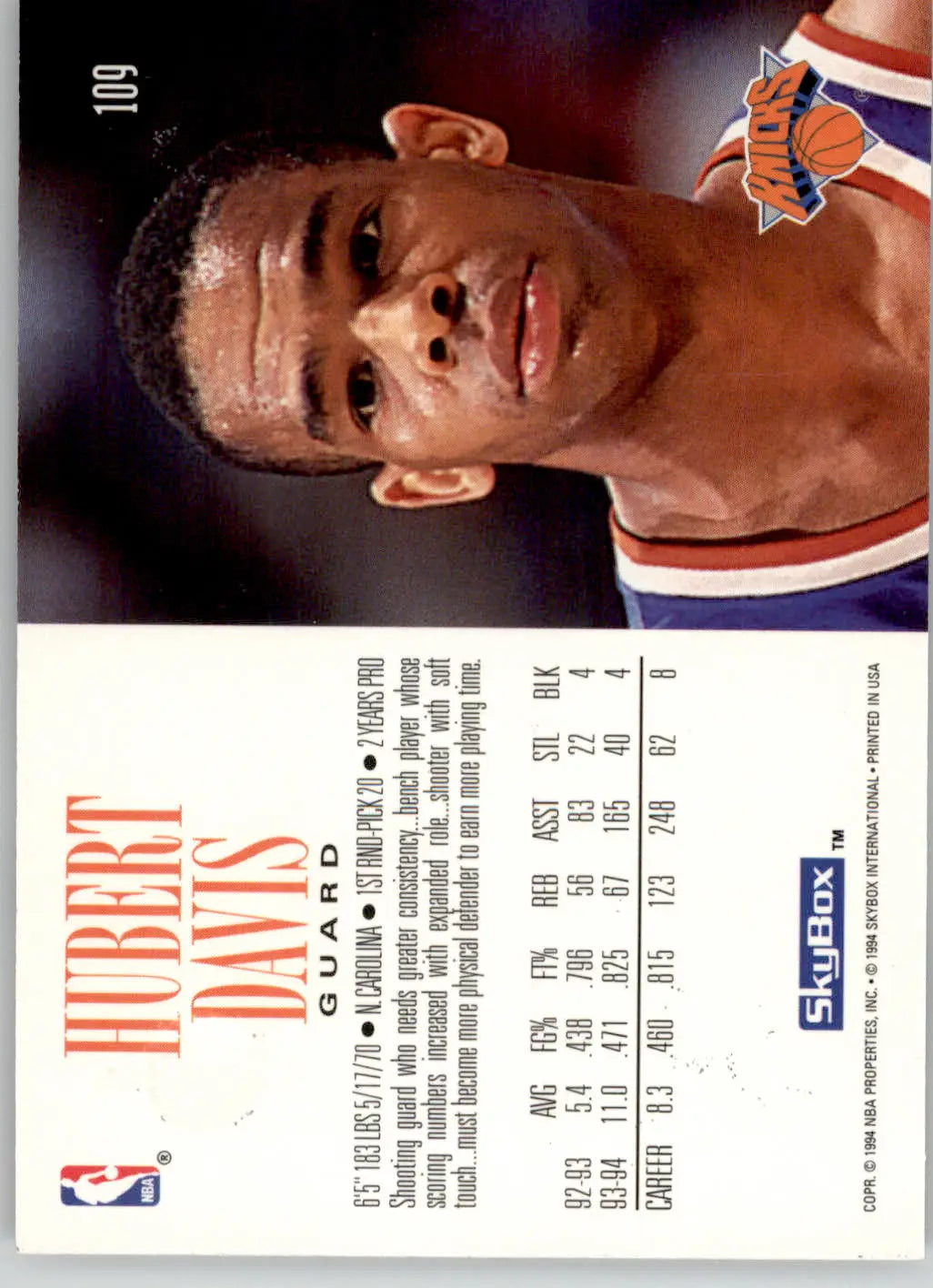 Hubert Davis - 1994-95 SkyBox Premium - #109 - Basketball - Basketball Card Single