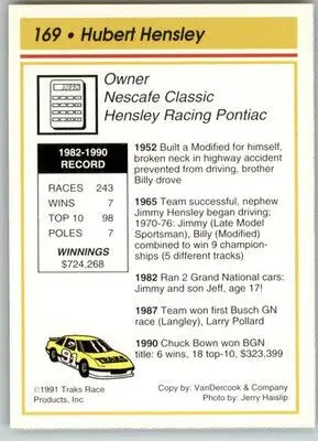 Hubert Hensley - 1991 Traks - #169 - RC Racing - Racing Card Single