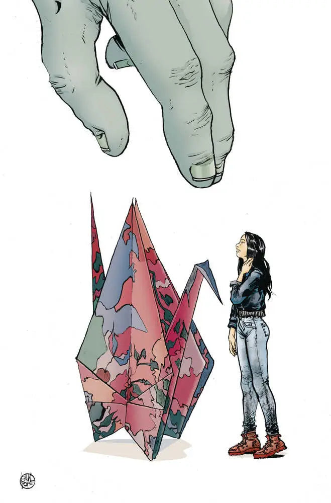Pink and red origami crane with geometric patterns on Huge Detective trading cards