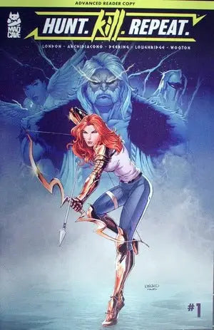 Comic book cover of Hunt Kill Repeat #1 with red-haired warrior by Francesco Archidiacono