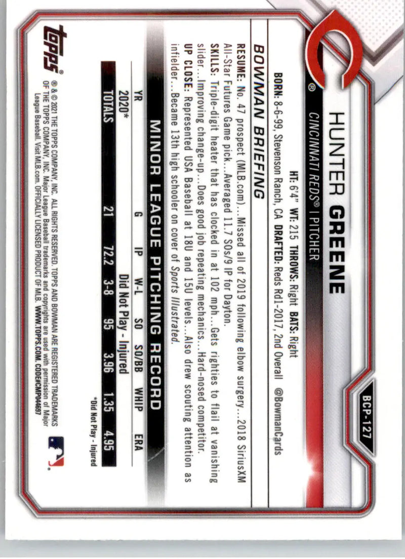 Hunter Greene - 2021 Bowman - #BCP-127 - Chrome Prospects Mojo Refractor