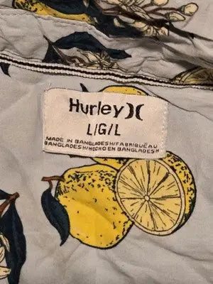 Hurley Shirt Mens L Short Sleeve Button Up Lemon Print Resort Light Blue Casual - Apparel