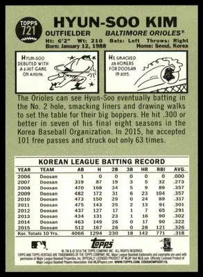 Hyun-Soo Kim Rookie 2016 Topps Heritage #721 Baltimore Orioles - Baseball Card Single